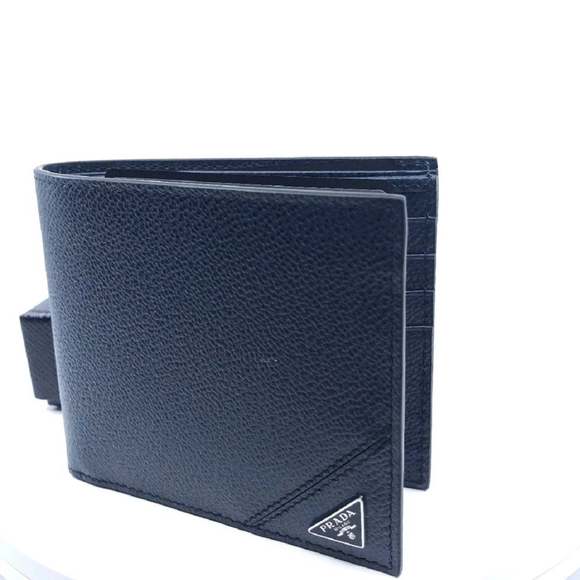 Prada Mens Vitello Micro Grain Navy Blue Leather Triangle Logo Bifold - Picture 3 of 6